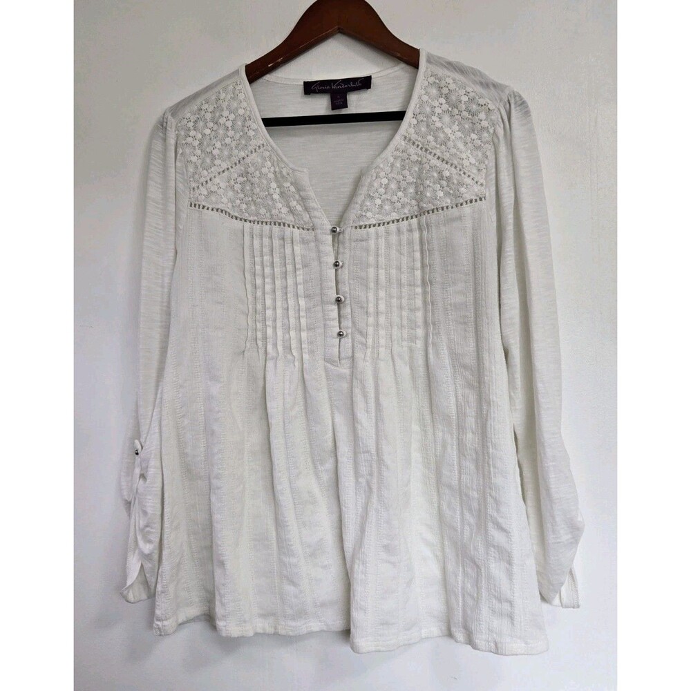 Gloria Vanderbilt Top Womens Blouse L White Coastal Boho Beach Y2K Beach Floral